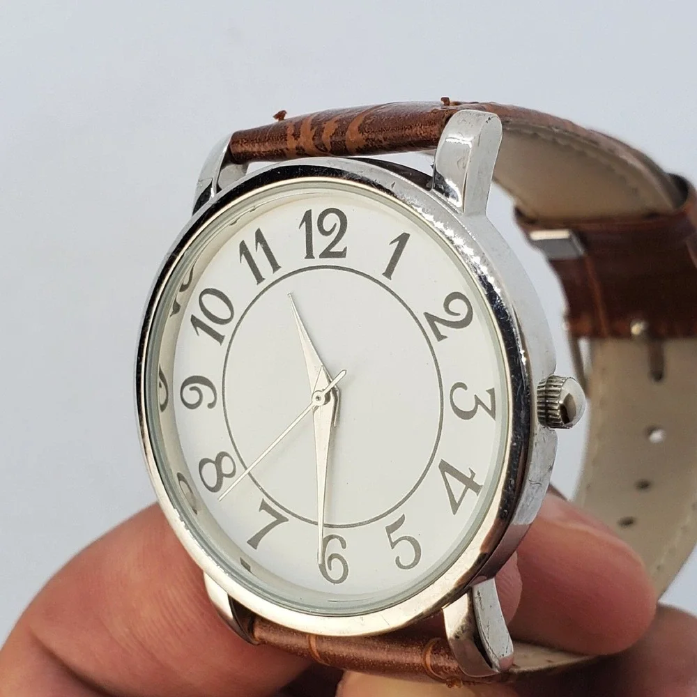 Women's Watch 34MM White Dial Gray Case Brown‎ Leather Bands New Battery